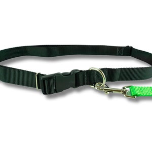 Light weight hands free leash belt shown in black in an oval lay with an attached light weight leash in neon green.