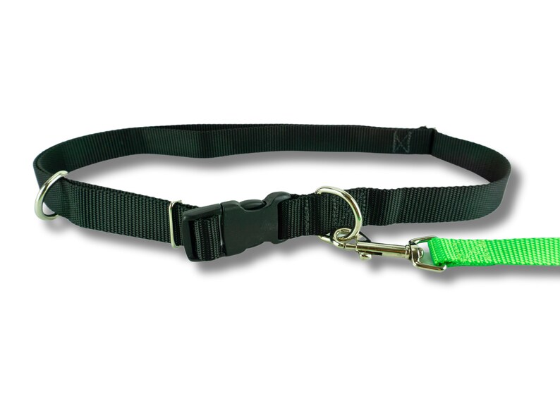 Light weight hands free leash belt shown in black in an oval lay with an attached light weight leash in neon green.