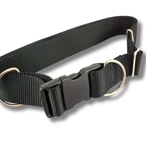 Light weight hands free leash belt shown in an oval position showing the floating d ring in addition to the other metal hardware and the black plastic buckle.