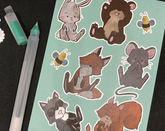Aufkleber Set "Forrest Critters", niedliche Waldtiere: Hase, Bär, Fuchs, Maus, Waschbär, Eichhörnchen und Biene