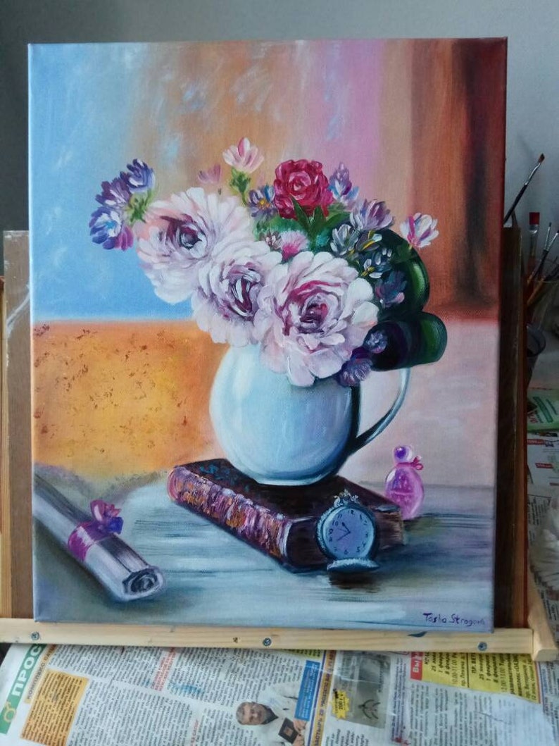 Floral Artwork Oil Painting Wall Dekor Original Art Flowers Artwork Antique Clock Essence Of Life 20 by 16 Painting on Canvas Still Life