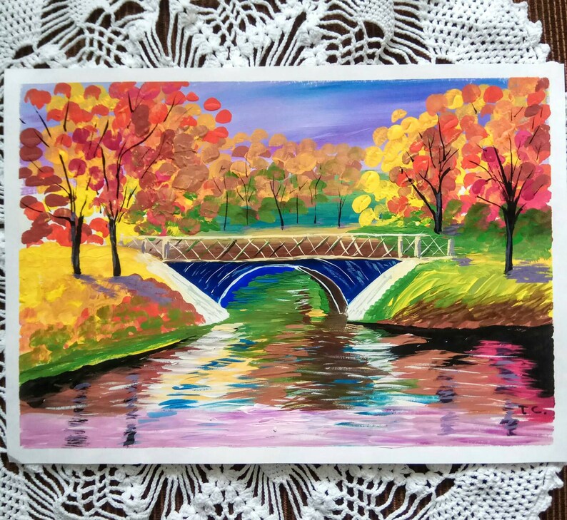 Cityscape Painting River And Bridge Original Art Gouache Landscape Wall Dekor 12 by 8 Painting on Paper by Tasha Strogova