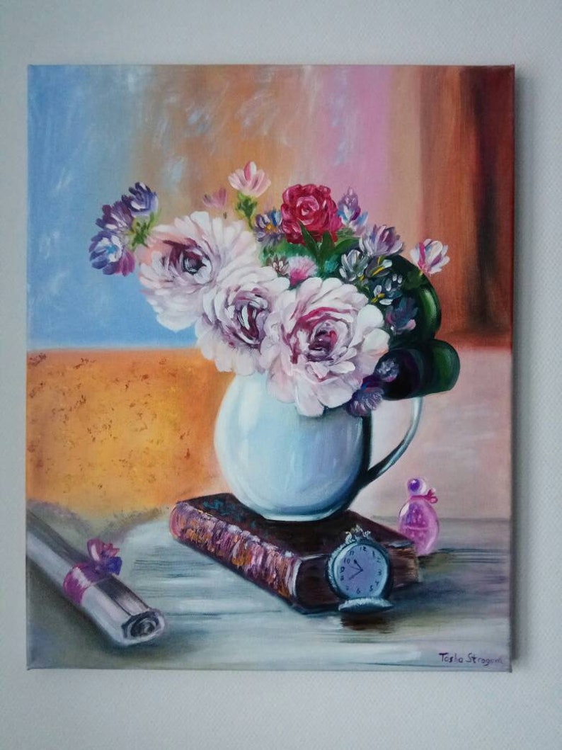 Floral Artwork Oil Painting Wall Dekor Original Art Flowers Artwork Antique Clock Essence Of Life 20 by 16 Painting on Canvas Still Life