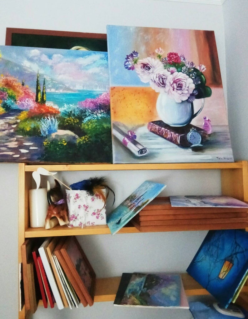 Floral Artwork Oil Painting Wall Dekor Original Art Flowers Artwork Antique Clock Essence Of Life 20 by 16 Painting on Canvas Still Life