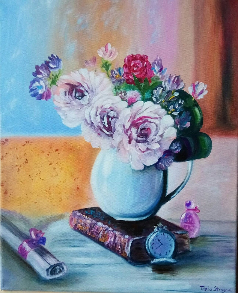 Floral Artwork Oil Painting Wall Dekor Original Art Flowers Artwork Antique Clock Essence Of Life 20 by 16 Painting on Canvas Still Life