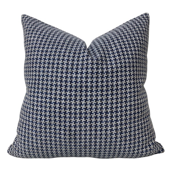 Blue Houndstooth Linen Pillow Cover, Linen Pillow Case, Linen Throw Pillow Cover, Couch Pillow, Porch Decor, Living Room Decor | ALL SIZES