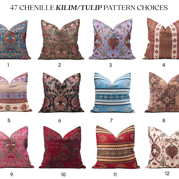 Any Custom Size Chenille Turkish Pillow Cover, Kilim Pillow Cover, Tulip Pattern Pillow, Ottoman Pillow, Couch Pillow, Sofa Cushion Covers