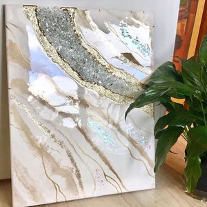 Gorgeous White & Gold Crystal Geode Canvas Art