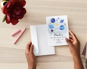 Kit de Aniversário Primeira Volta ao Sol | Imprimíveis para Festa com Tema Espacial | Jogos Digitais, Desenhos para Colorir, Sacola de Brindes e Convites Editáveis