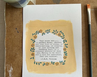 Esa casa era una casa perfecta... Ilustración de casa floral pintada a mano con cita &quot;Casa&quot; de J.R.R Tolkien