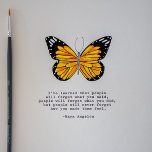 A hand painted giclee print of butterfly with vintage typed Maya Angelou quote “I’ve learned that people will forget...” Size A5