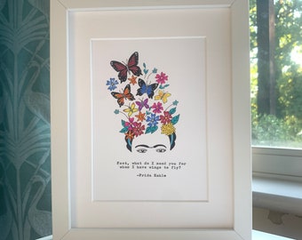Nicht eingerahmter, handbemalter Kunstdruck von Frida mit dem Zitat „Feet, what do I need you for….