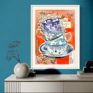 Teacups print. Unframed Giclee print of my original Collage artwork of tea cups. Tea cup art.