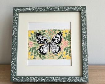 Hand painted sage green wood picture frame with white leaf design