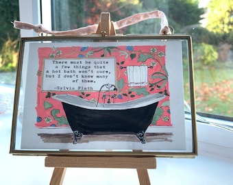 Framed Hand painted Bathroom art. Giclee print of my bathroom artwork with Sylvia Plath bath quote. Framed in a 6&quot;x4&quot; brass frame