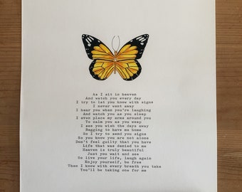Giclee print van een handgeschilderde vlinder met het gedicht 'As I sit in Heaven'. Getypt op een vintage typemachine. A4.