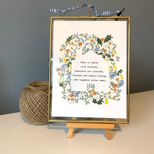 Giclee print of my Hand painted Home artwork, framed in brass and  glass hanging frame 7”x5” with vintage typed quote