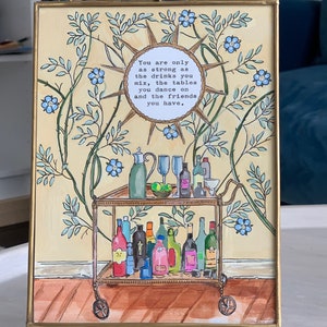Ręcznie malowany wydruk giclée mojego wózka na napoje wykonanego techniką gwaszu.