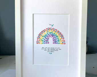 Leaving gift. Framed hand painted giclee rainbow print with vintage typed quote. Personalised.