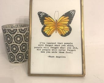 Maya Angelou Hand Painted butterfly giclee print  with vintage typed quote. Framed.