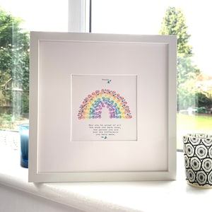 Framed Retirement gift, A hand painted giclee print of my original hand painted rainbow art. Vintage typed personalisation. Choice of frames