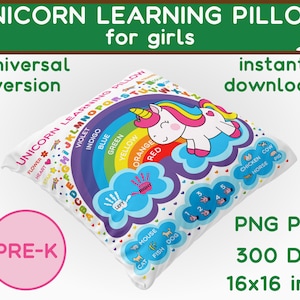 Almohada de unicornio Almohada de aprendizaje PNG Pre K Archivo de sublimación Personalizado Niños Almohada Diseño de aprendizaje Almohada arco iris Almohada linda Plantilla de almohada