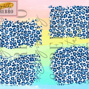 May include: Four digital scrapbook paper designs featuring a blue and white leopard print pattern with a distressed, textured effect. The background is a watercolor wash of pink, yellow, green, and blue.