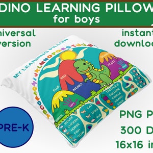 Almohada de dinosaurio Almohada de aprendizaje PNG Plantillas de almohada Pre K Archivo de sublimación Almohada personalizada Diseño de aprendizaje Almohada linda Descarga instantánea