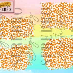 May include: Digital design featuring four leopard print patterns in orange and white. The patterns are on a watercolor background with the text "Digital by SEREBRO" in the upper left corner.