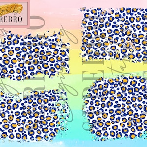 May include: Four digital scrapbook paper designs featuring a blue and gold leopard print pattern on a white background. The designs have a distressed, grunge look.
