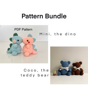 PDF pattern “Bundle” | Easy Crochet Amigurumi Patterns (Printable) | Stuffed Animal | Mini, the dino + Coco, the teddy bear