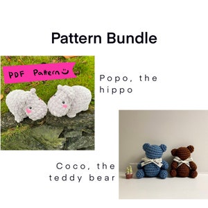 PDF pattern “Bundle” | Easy Crochet Amigurumi Patterns (Printable) | Stuffed Animal | Popo, the hippo + Coco, the teddy bear