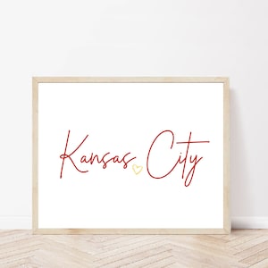 Kansas City wall art print Chiefs digital print football decor Chiefs kingdom fan gift Red and gold city skyline sports Kansas City heart