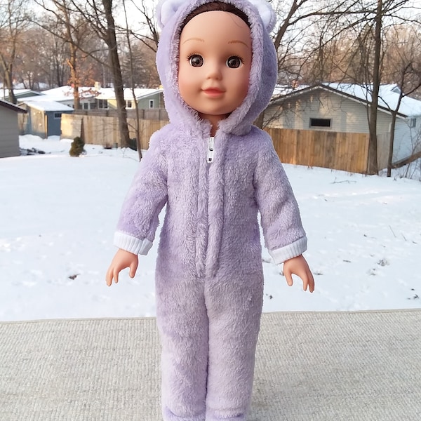 Made for 14.5" Inch WW Size Dolls, Light Lavender Fleece Zippered Pajama Sleeper with Teddy Bear Ears.