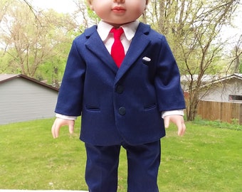 Made for 18 Inch Size Boy Dolls, Navy Blue Suit, White Shirt, Red Tie, and Black Shoes.