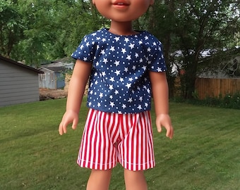 Made for 14.5&quot; Inch WW Size Dolls, Patriotic Stars & Stripes Shirt, Short Pants. For WW Boy or Girl Doll.
