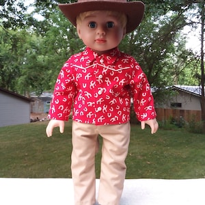 Made for 18 Inch Size Dolls, Red Horseshoe Cowboy Western Set, Tan Jeans, Western Shirt, Brown Hat and Brown Boots. Fits Boy or Girl Dolls.