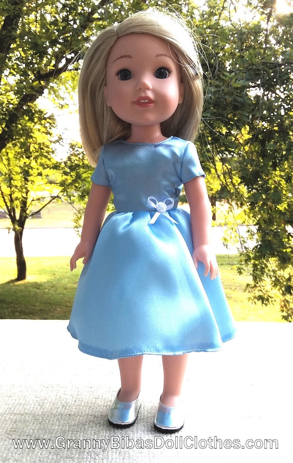 Made for Inch WW Size Dolls, Light Blue Satin Dress with Ribbon At  Waist and Silver