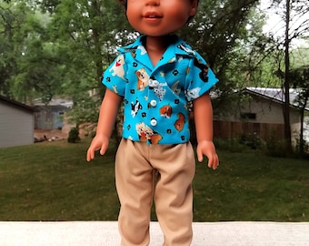 Made for 14.5&quot; Inch WW Size Dolls, Tan Pants Teal Puppy Dogs Shirt Outfit with White Sneakers.