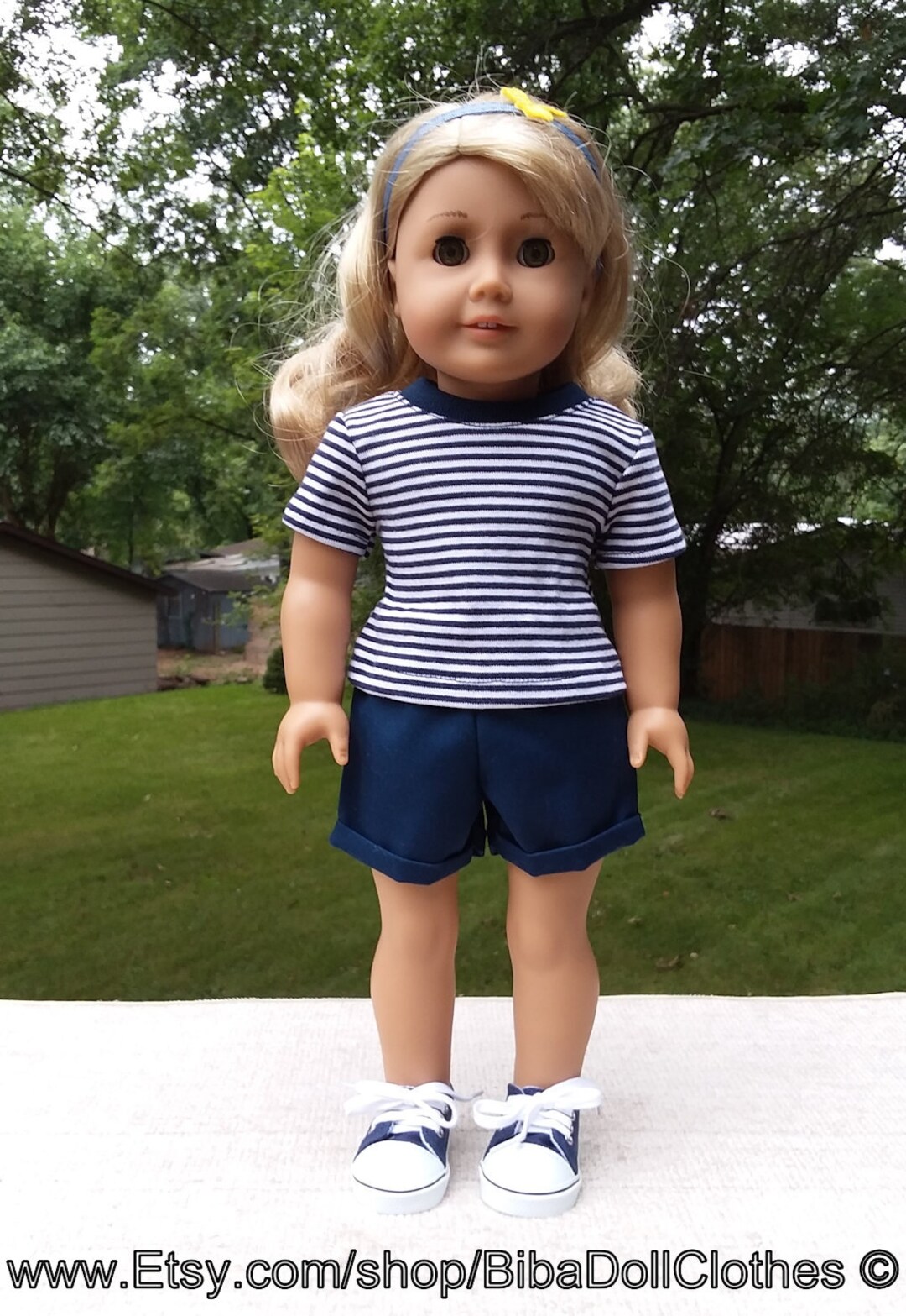 Made for 18 Inch Size Dolls, Navy Blue Shorts, Navy Blue Stripe shirt