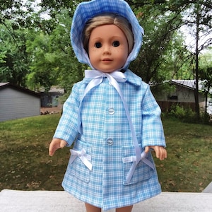 Made for 18 Inch Size Dolls, Baby Blue and White Plaid Coat with matching Bonnet.
