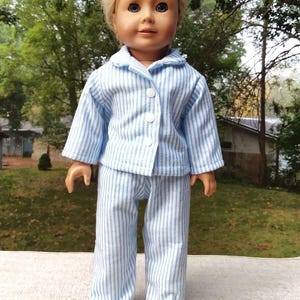 Made for 18 Inch Size Dolls, Light Blue Striped Check Flannel Pajama. For Boy Or Girl Dolls.