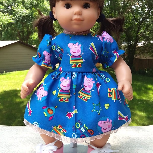 Made for 15 Inch Size Baby & Twin Dolls, Blue Peppa Pig Dress with Lace Trim.