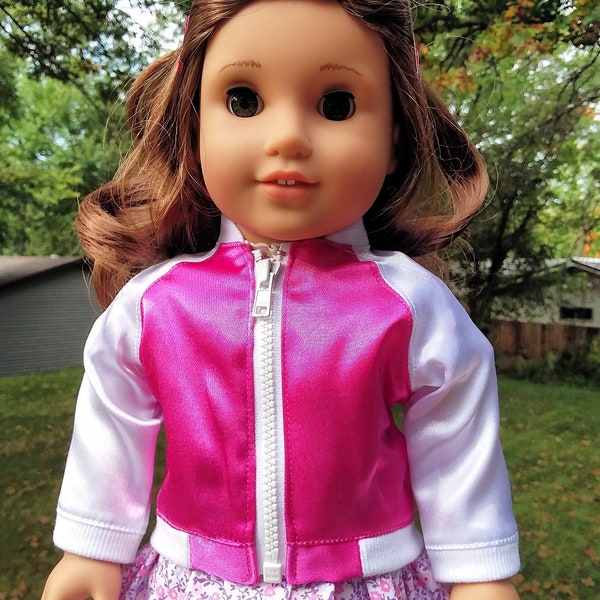 Made for 18 Inch Size Dolls, Fuschia Pink and White Sleeve Satin Jacket.