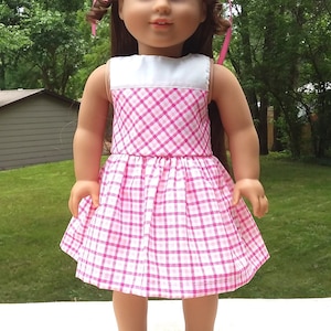 Made for 18 Inch Size Dolls, Pinkish Plaid Diagonal Midriff Dress with White Yoke.