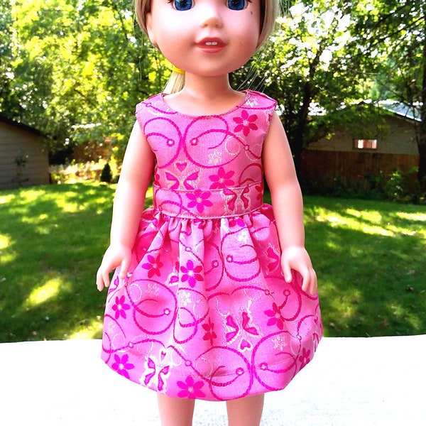 Made for 14.5" Inch WW Size Dolls, Pink Taffeta Brocade Heart Shaped Party Dress with Shoes.