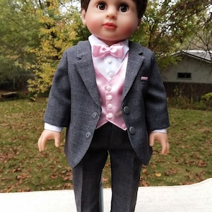 Made for 18 Inch Size Boy Dolls, Charcoal Grey Tuxedo Outfit with Shoes, White Shirt, and Pink Vest