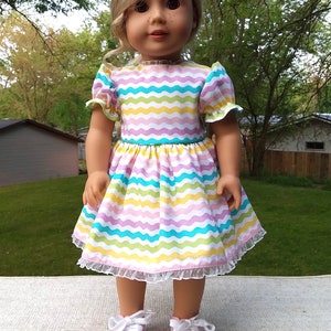 Made for 18 Inch Size Dolls, Rainbow Dress with Lace Trim.