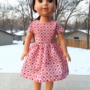 Made for 14.5&quot; Inch WW Size Dolls, White With Red Print Valentine Hearts Dress.