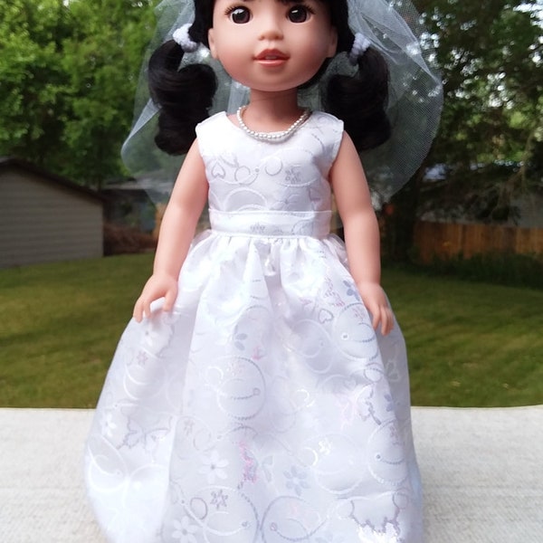 Made for 14.5" Inch WW Size Dolls, Wedding, First Communion, Miniature Bride Heart Shaped Gown with White Slip On Flat Shoes.